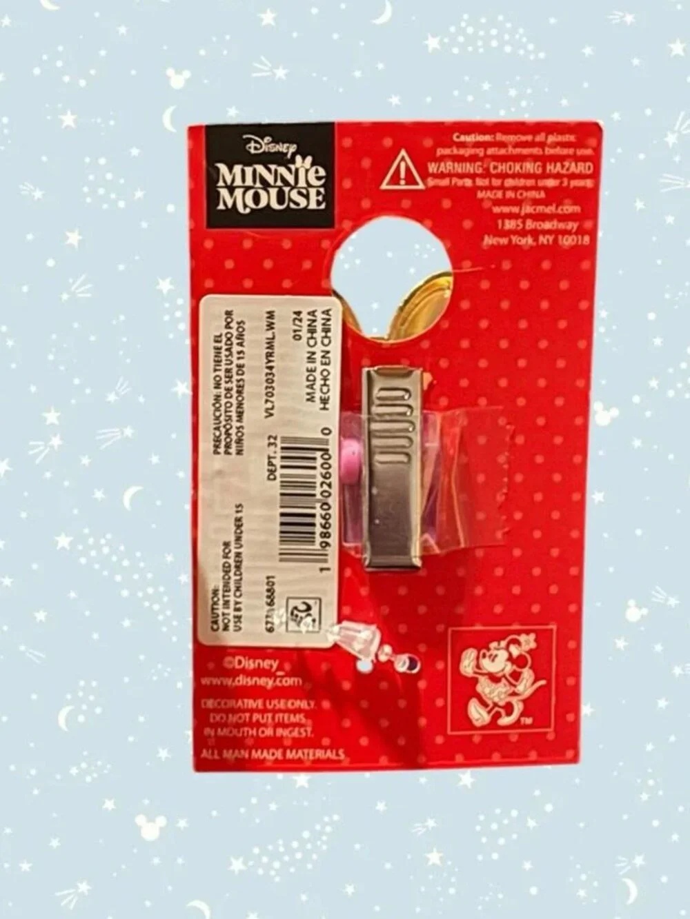Disney Minnie Mouse badge reel with pink bow, rhinestones and gemstones inside
